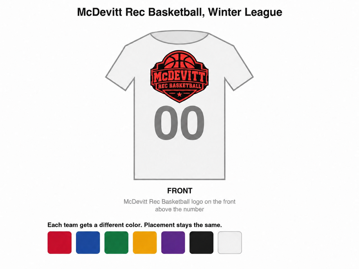 Basketball jersey mockup showing the McDevitt logo above the front number, with the same layout presented in several team colors.